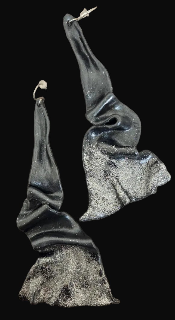 Sensuous Sculpted Architectural Shoulder Duster Earrings - Black Pearl