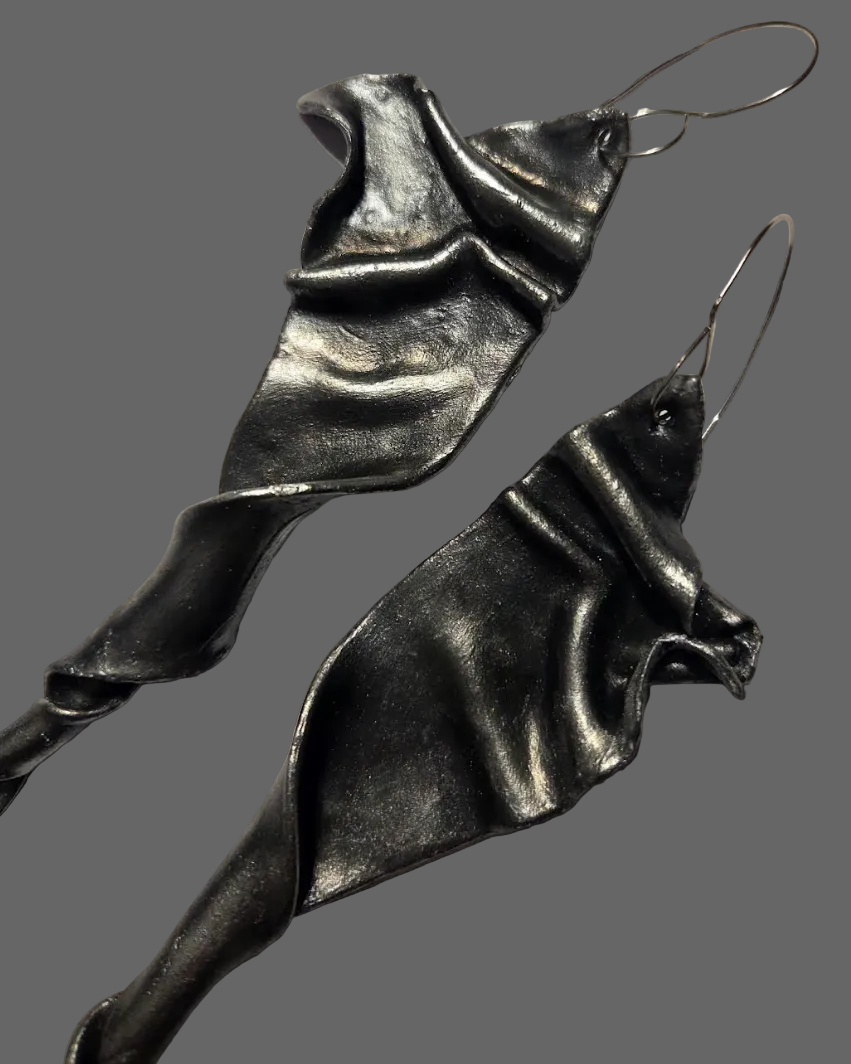 Metallic Black Pearl Sculpted Spiral Shoulder Dusters - Faux Sterling