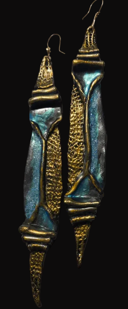 Faux Bronze Metal Sculpted Shoulder Duster Earrings - Turquoise Patina