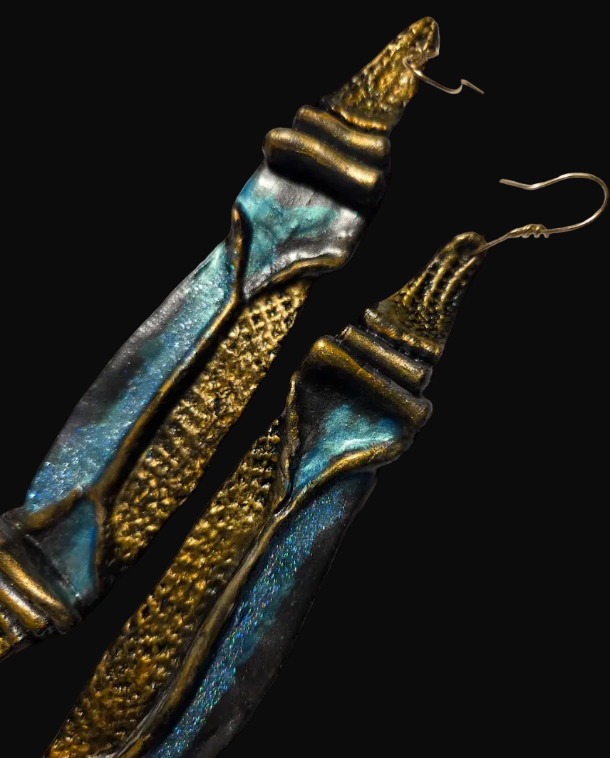 Faux Bronze Metal Sculpted Shoulder Duster Earrings - Turquoise Patina