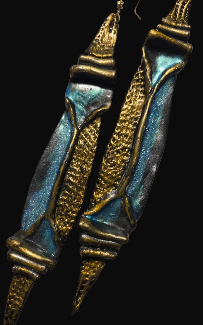 Faux Bronze Metal Sculpted Shoulder Duster Earrings - Turquoise Patina