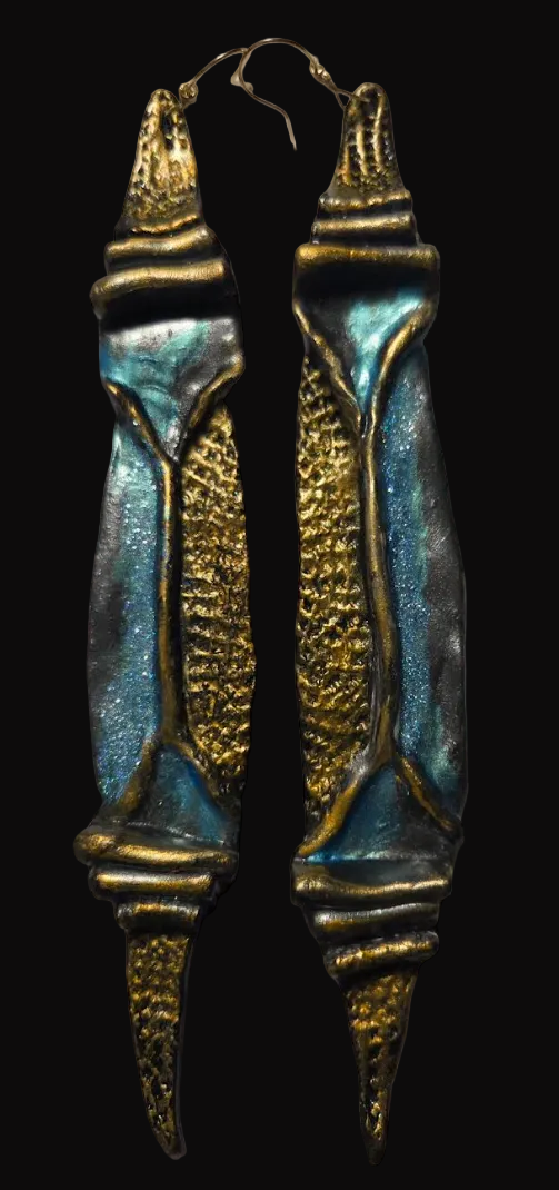 Faux Bronze Metal Sculpted Shoulder Duster Earrings - Turquoise Patina