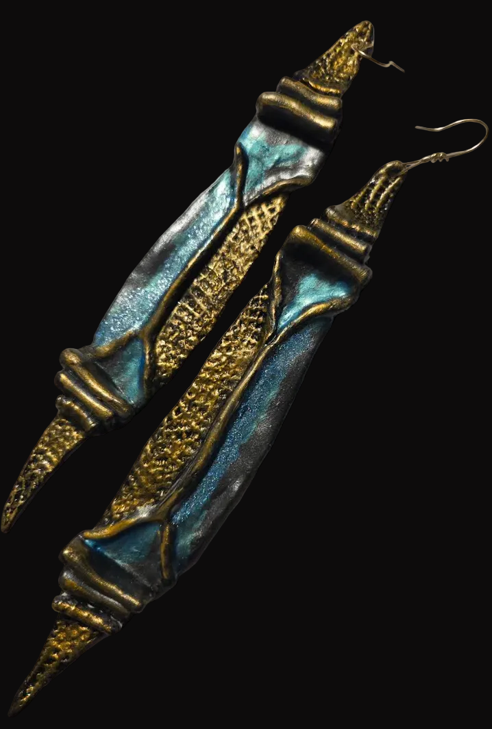 Faux Bronze Metal Sculpted Shoulder Duster Earrings - Turquoise Patina