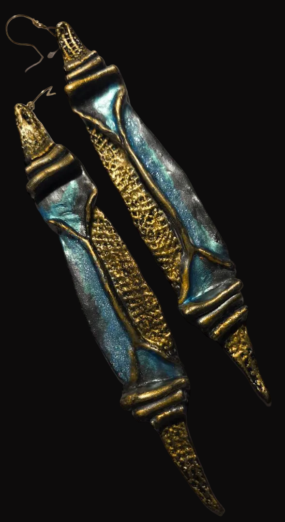 Faux Bronze Metal Sculpted Shoulder Duster Earrings - Turquoise Patina