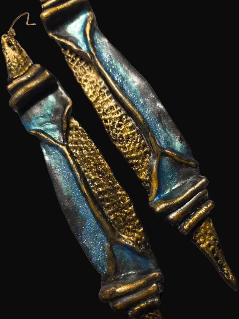 Faux Bronze Metal Sculpted Shoulder Duster Earrings - Turquoise Patina