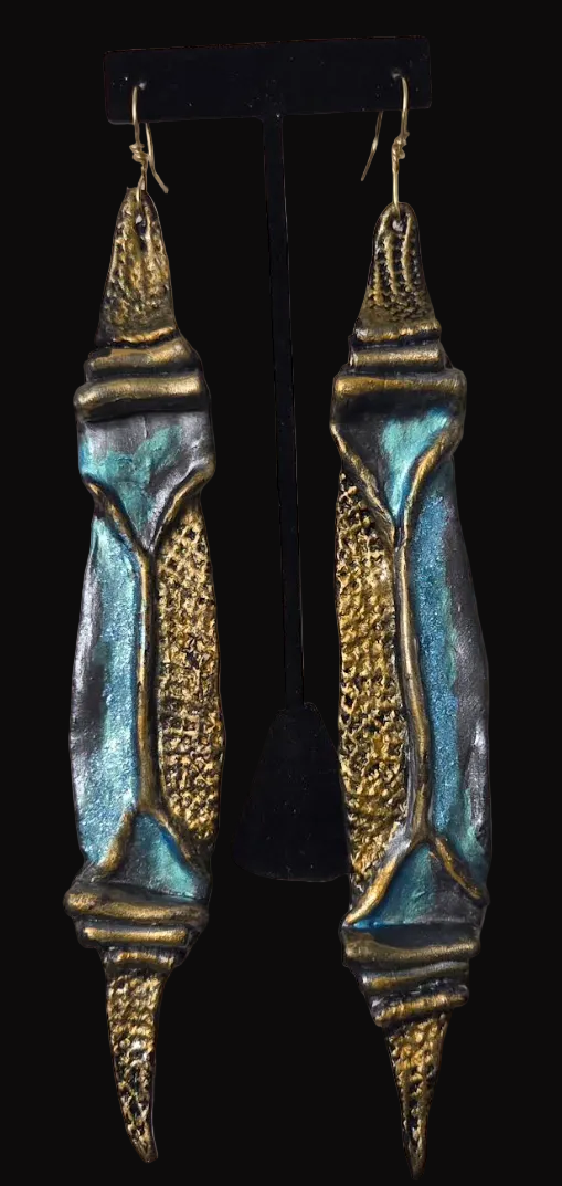 Faux Bronze Metal Sculpted Shoulder Duster Earrings - Turquoise Patina