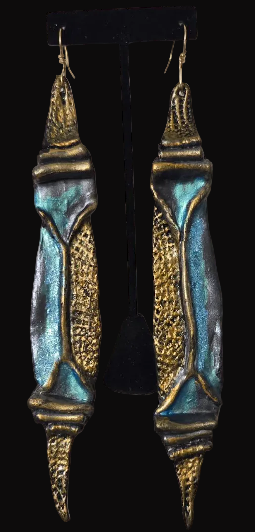 Faux Bronze Metal Sculpted Shoulder Duster Earrings - Turquoise Patina