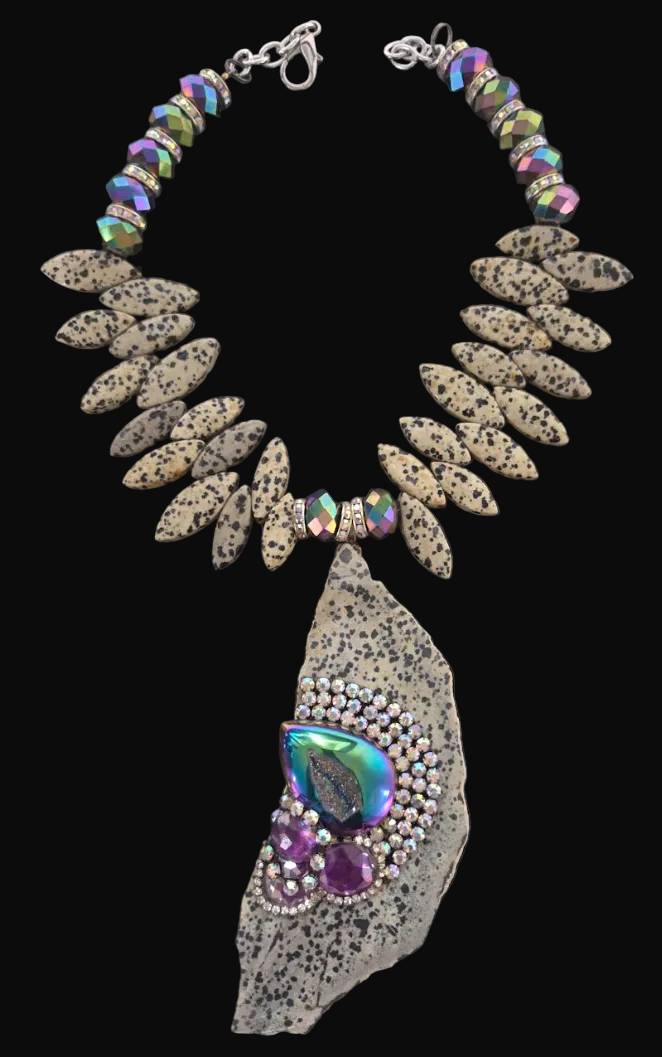 Avant Garde Dalmatian Jasper Slab Chest Piece & Jewel Tone Druzy Agate