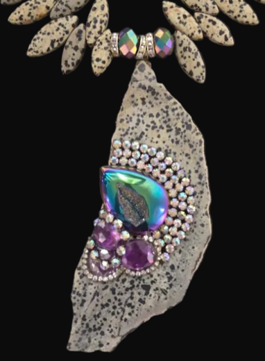 Avant Garde Dalmatian Jasper Slab Chest Piece & Jewel Tone Druzy Agate