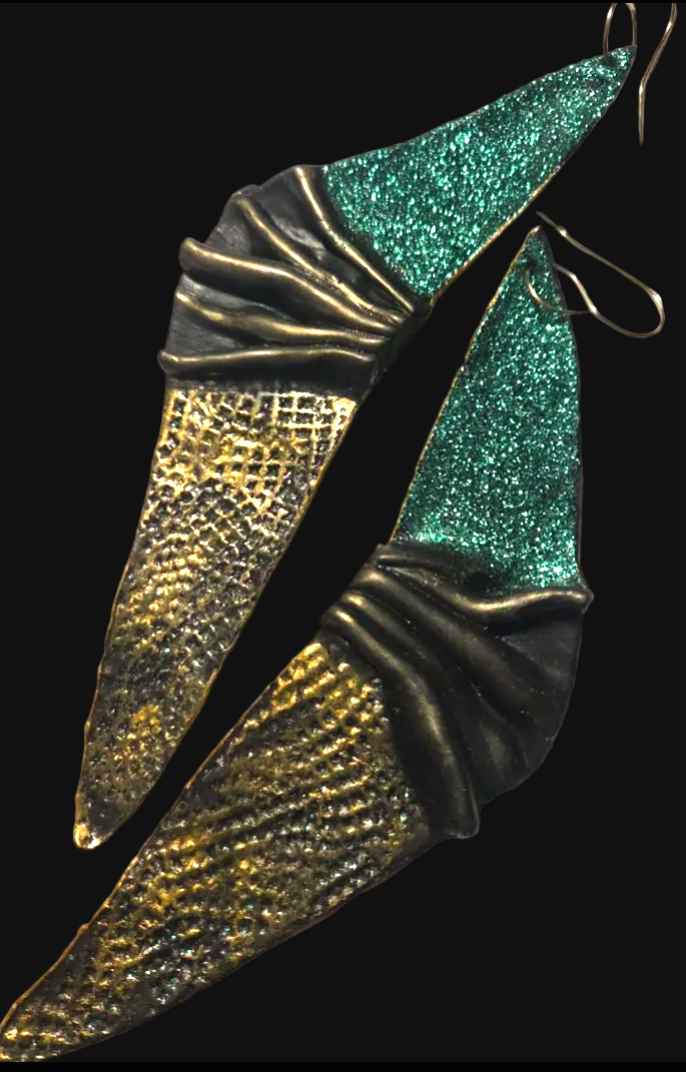 Sculpted Faux Bronze Art Deco Wing Shoulder Duster Pierced Earrings