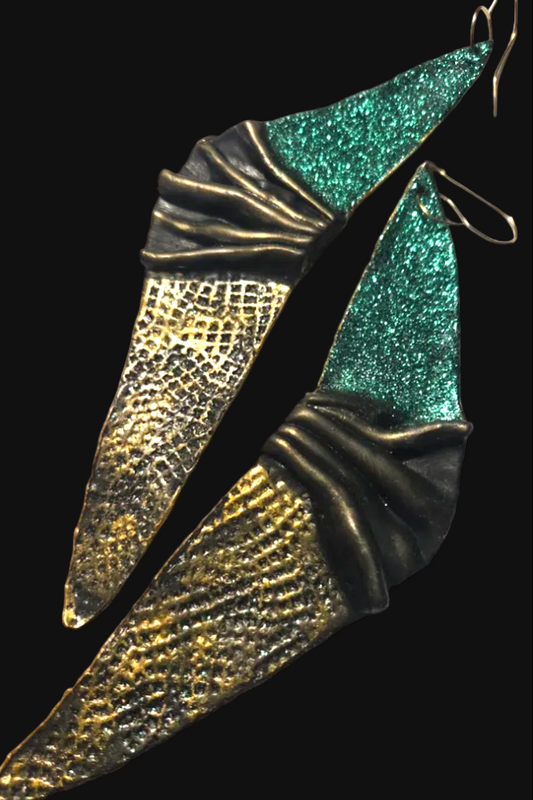 Sculpted Faux Bronze Art Deco Wing Shoulder Duster Pierced Earrings