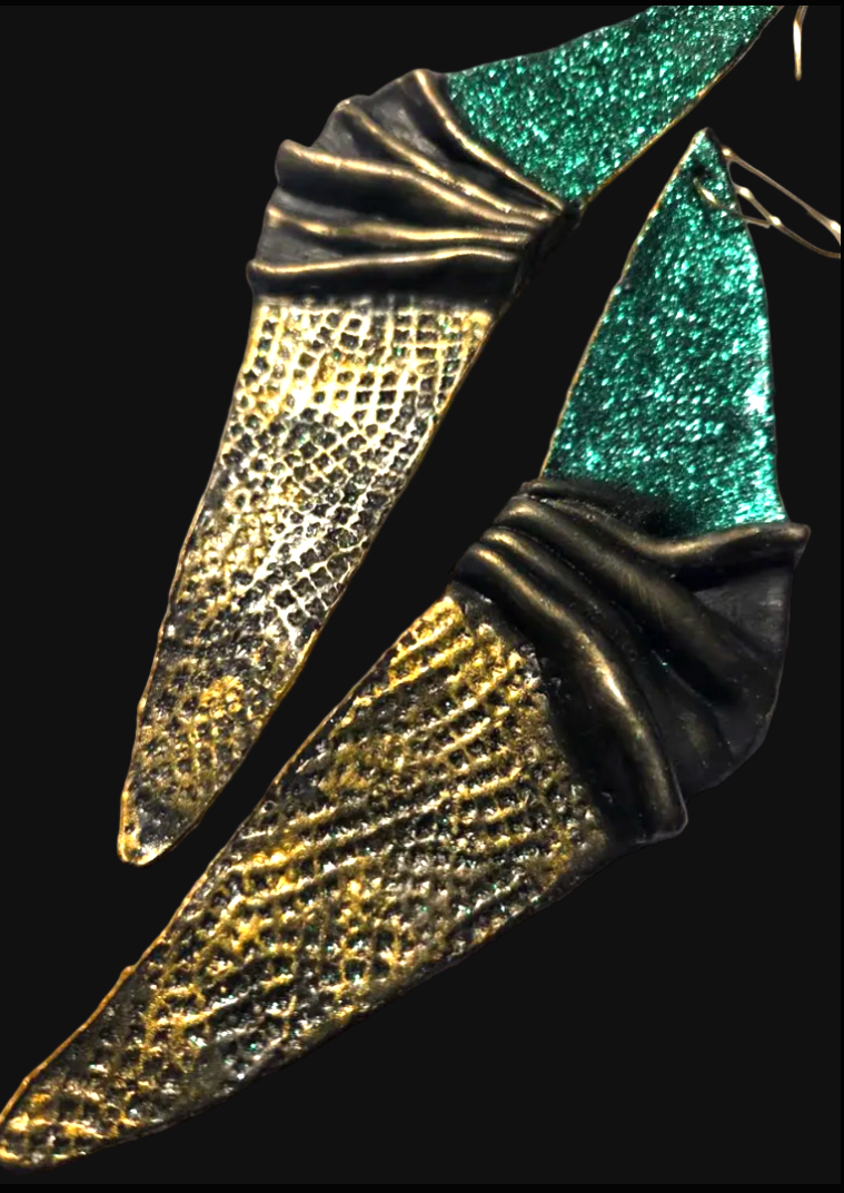 Sculpted Faux Bronze Art Deco Wing Shoulder Duster Pierced Earrings