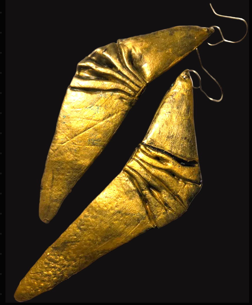Sculpted Faux Bronze Art Deco Wing Shoulder Duster Pierced Earrings