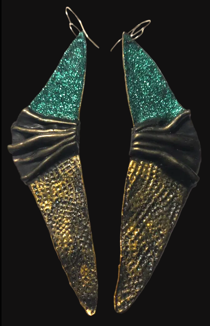 Sculpted Faux Bronze Art Deco Wing Shoulder Duster Pierced Earrings