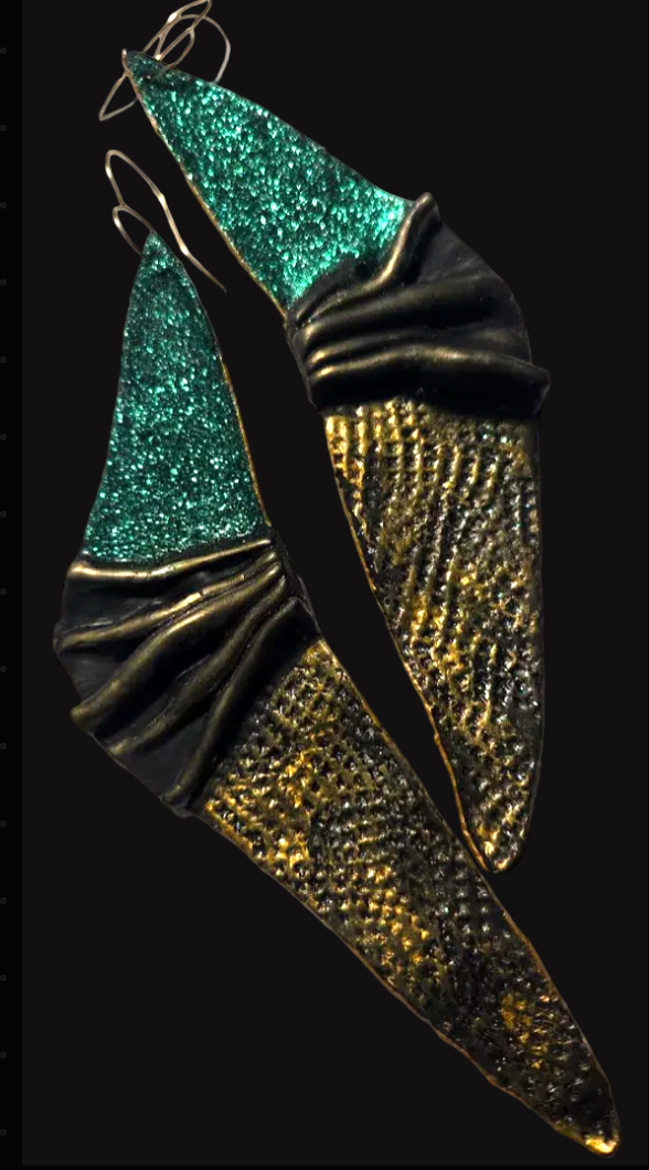 Sculpted Faux Bronze Art Deco Wing Shoulder Duster Pierced Earrings