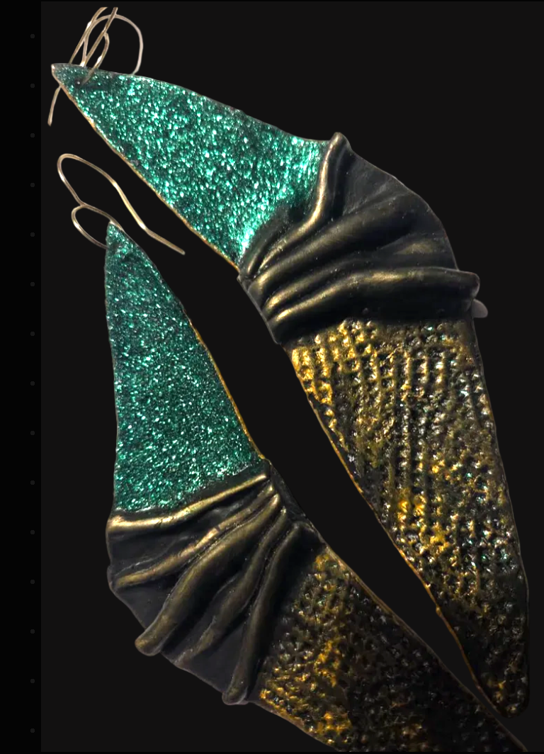 Sculpted Faux Bronze Art Deco Wing Shoulder Duster Pierced Earrings