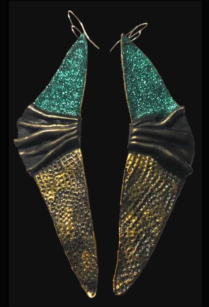 Sculpted Faux Bronze Art Deco Wing Shoulder Duster Pierced Earrings