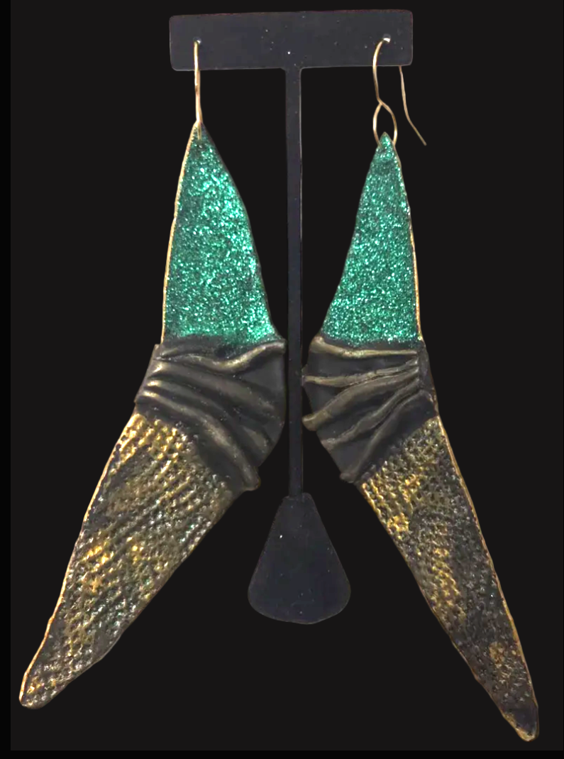 Sculpted Faux Bronze Art Deco Wing Shoulder Duster Pierced Earrings
