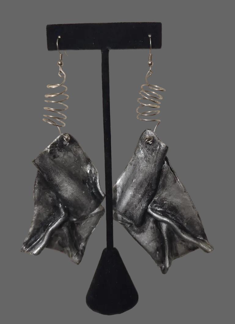 Faux Silver Patina Hand Sculpted Funky Avant Garde Shoulder Dusters