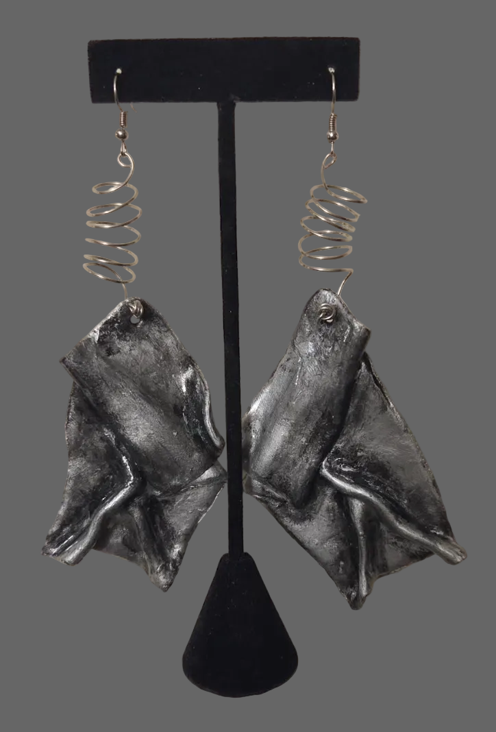 Faux Silver Patina Hand Sculpted Funky Avant Garde Shoulder Dusters