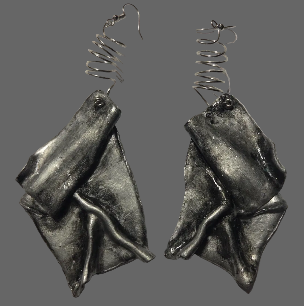 Faux Silver Patina Hand Sculpted Funky Avant Garde Shoulder Dusters