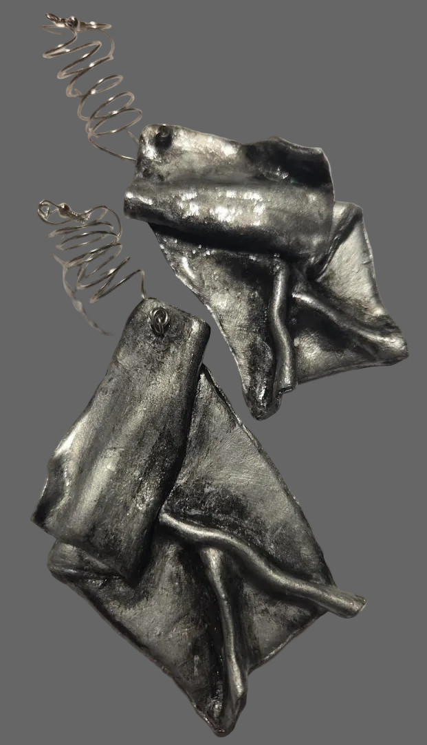 Faux Silver Patina Hand Sculpted Funky Avant Garde Shoulder Dusters