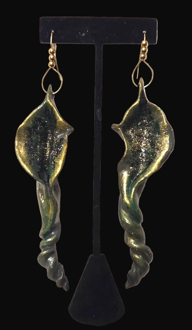 Freeform Hand Sculpted Avant Garde Calla Lily Long Pierced Earrings