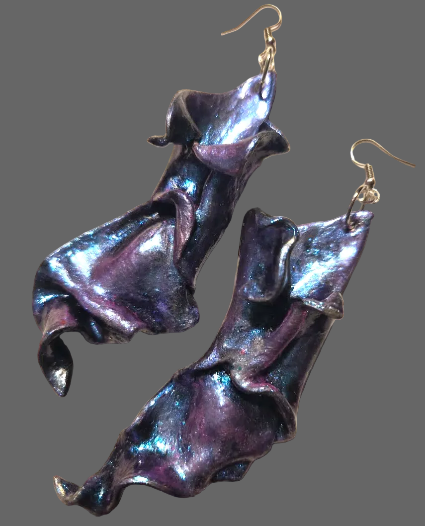 Freeform Hand Sculpted Purple & Blue Color Shift Pierced Earrings