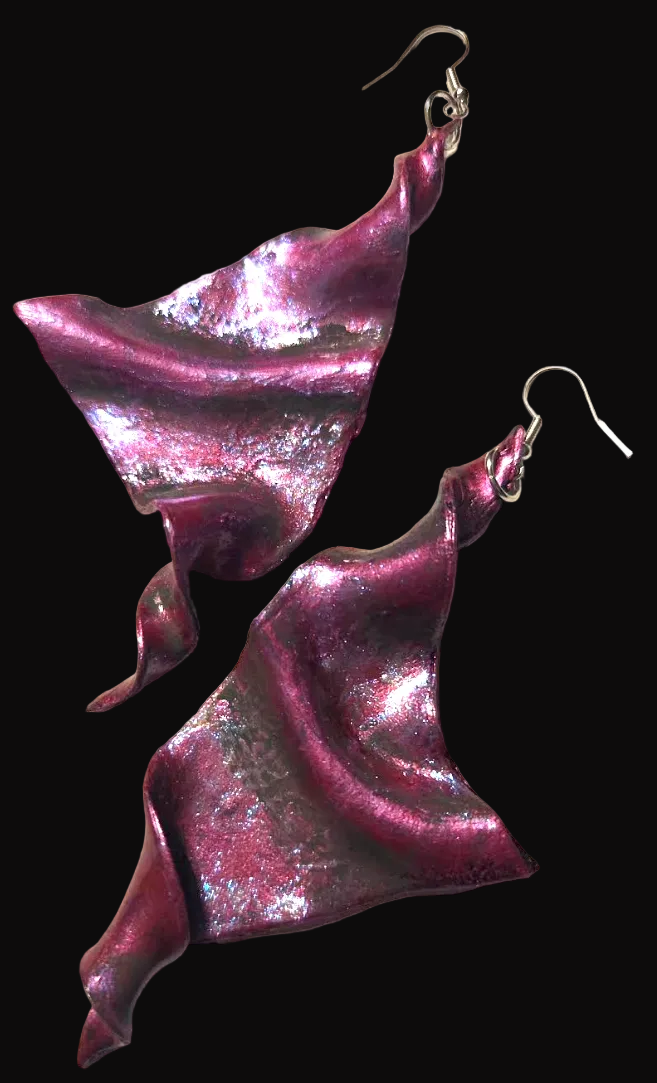 Hand Sculpted Fuchsia Wing Shoulder Duster Pierced Earrings - Sexy