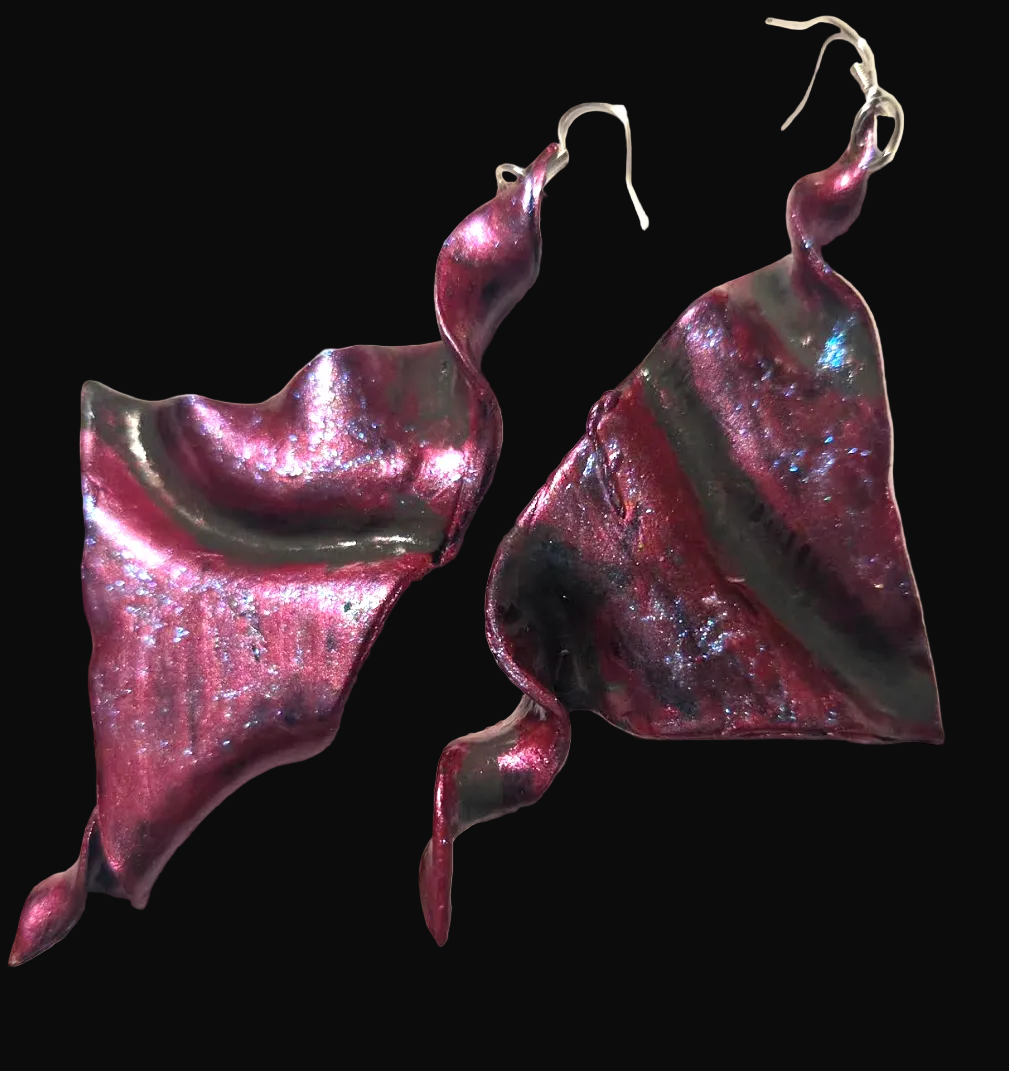 Hand Sculpted Fuchsia Wing Shoulder Duster Pierced Earrings - Sexy