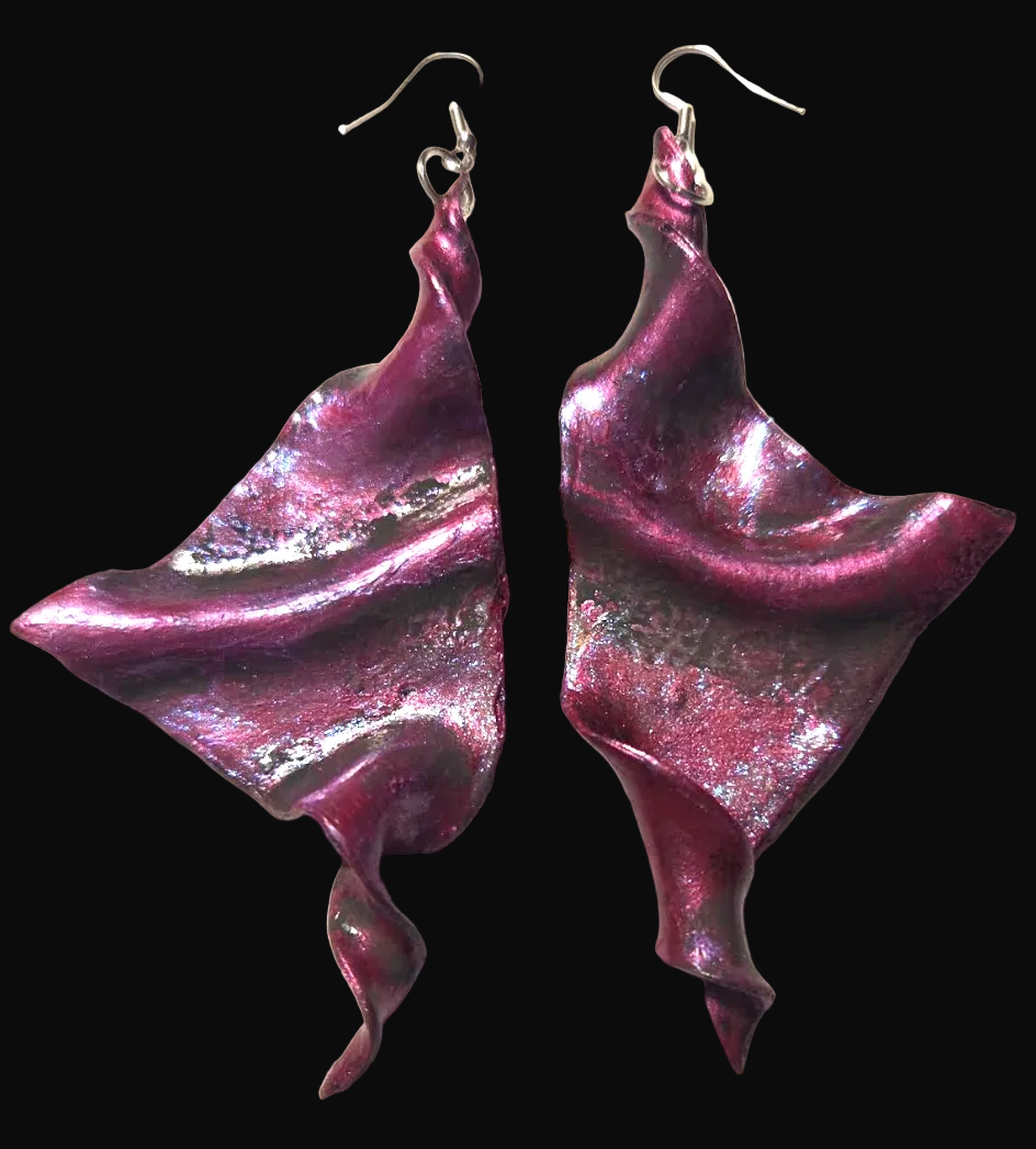 Hand Sculpted Fuchsia Wing Shoulder Duster Pierced Earrings - Sexy
