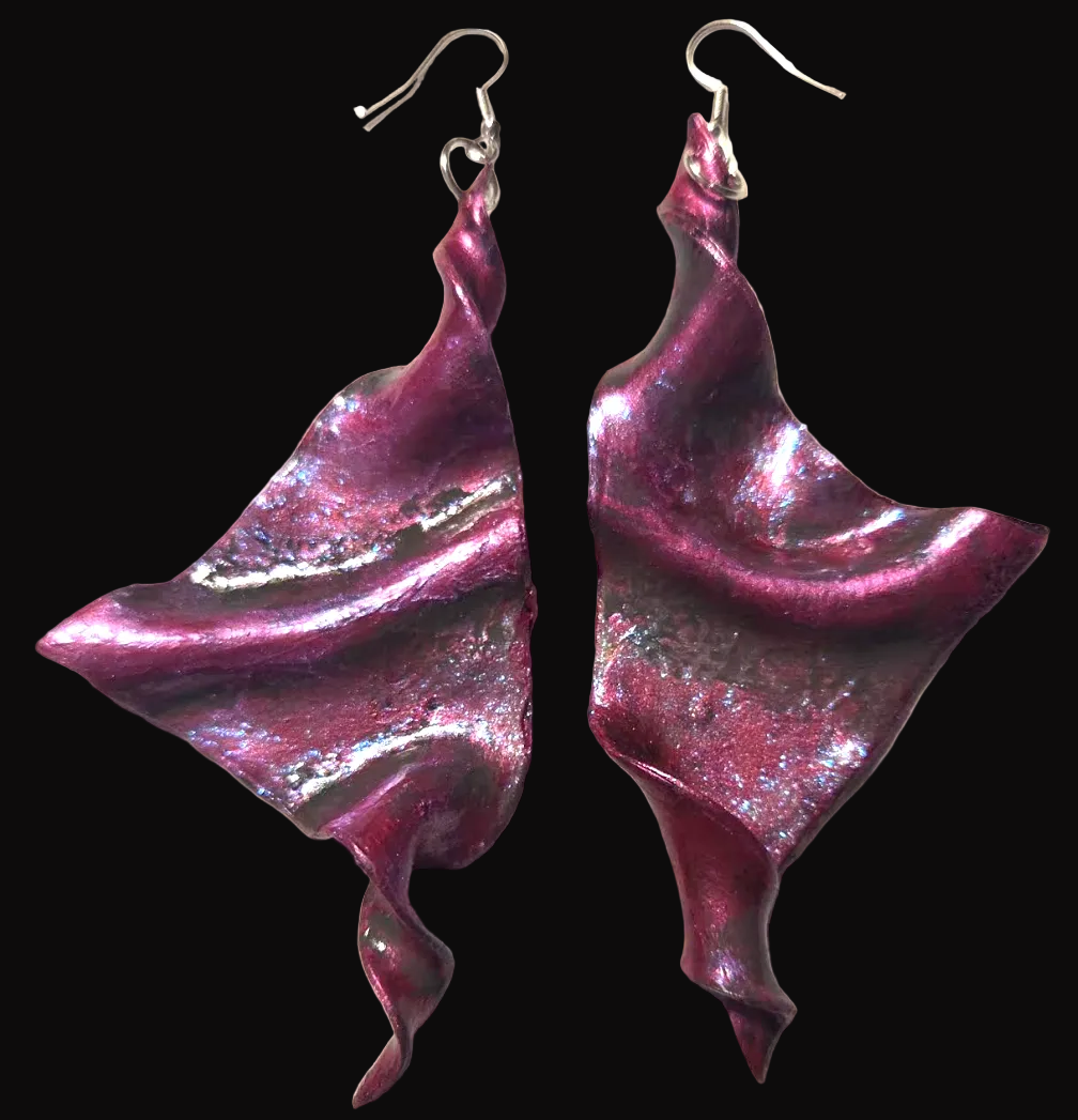 Hand Sculpted Fuchsia Wing Shoulder Duster Pierced Earrings - Sexy