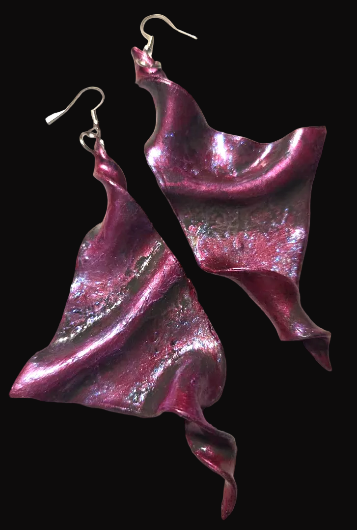Hand Sculpted Fuchsia Wing Shoulder Duster Pierced Earrings - Sexy