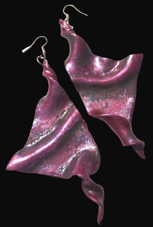 Hand Sculpted Fuchsia Wing Shoulder Duster Pierced Earrings - Sexy