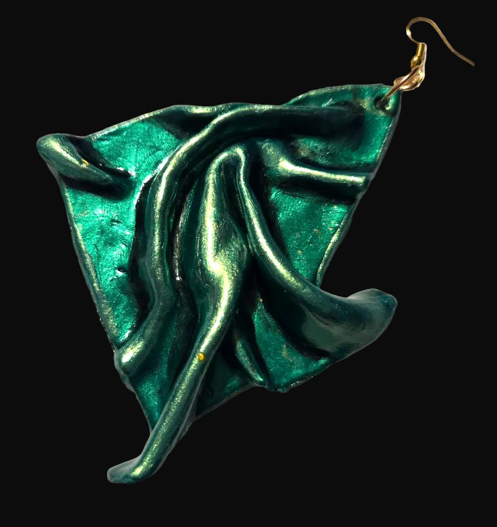Metallic Emerald Green Sculpted Avant Garde Shoulder Duster Earrings