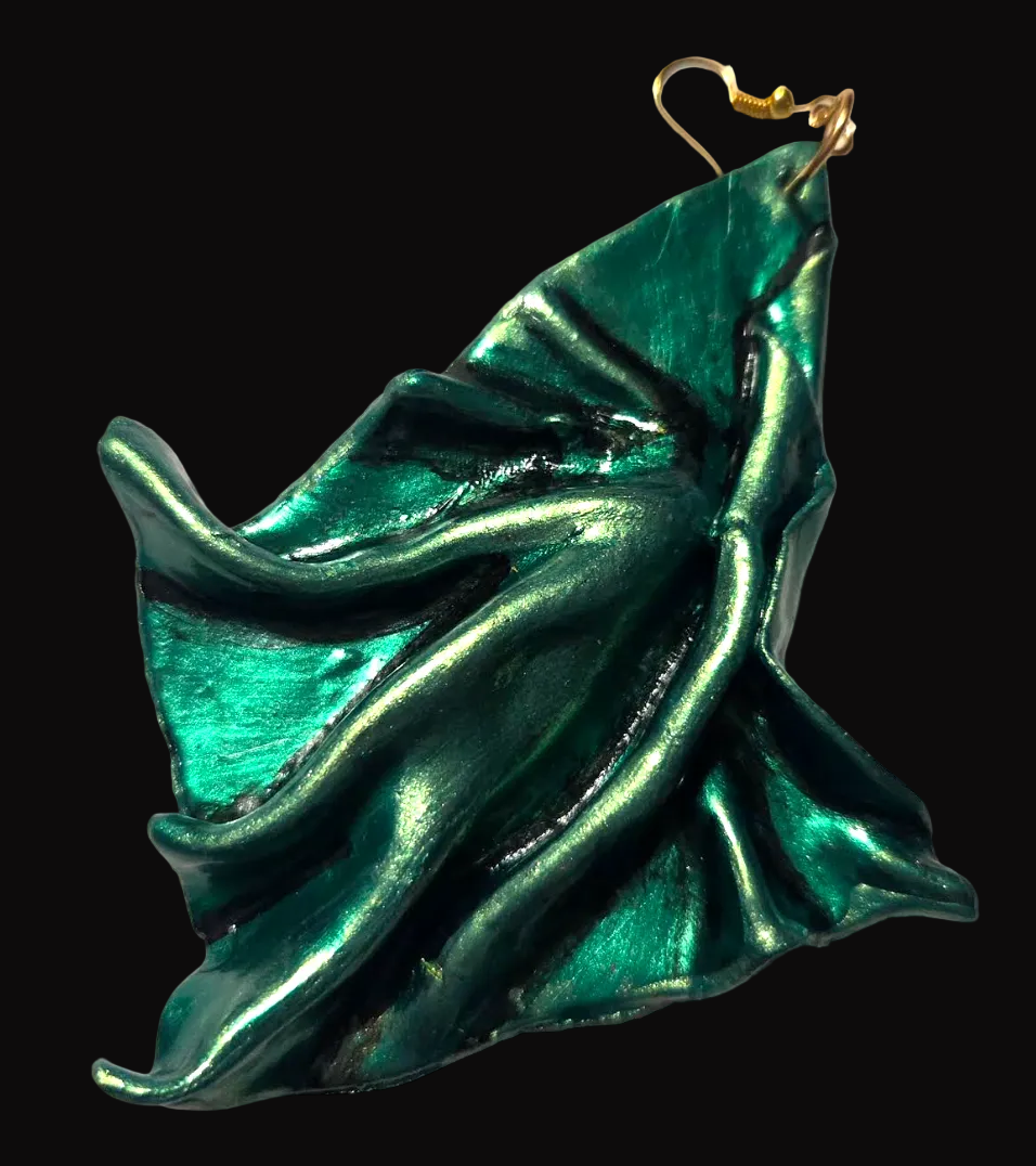 Metallic Emerald Green Sculpted Avant Garde Shoulder Duster Earrings