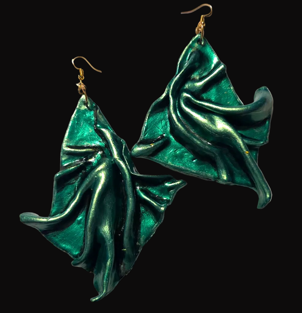 Metallic Emerald Green Sculpted Avant Garde Shoulder Duster Earrings