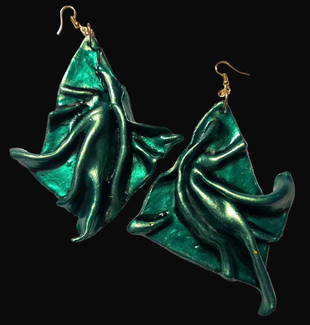 Metallic Emerald Green Sculpted Avant Garde Shoulder Duster Earrings