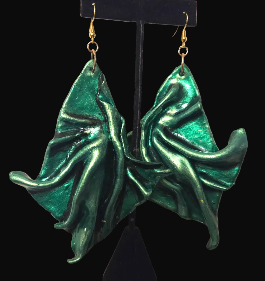 Metallic Emerald Green Sculpted Avant Garde Shoulder Duster Earrings
