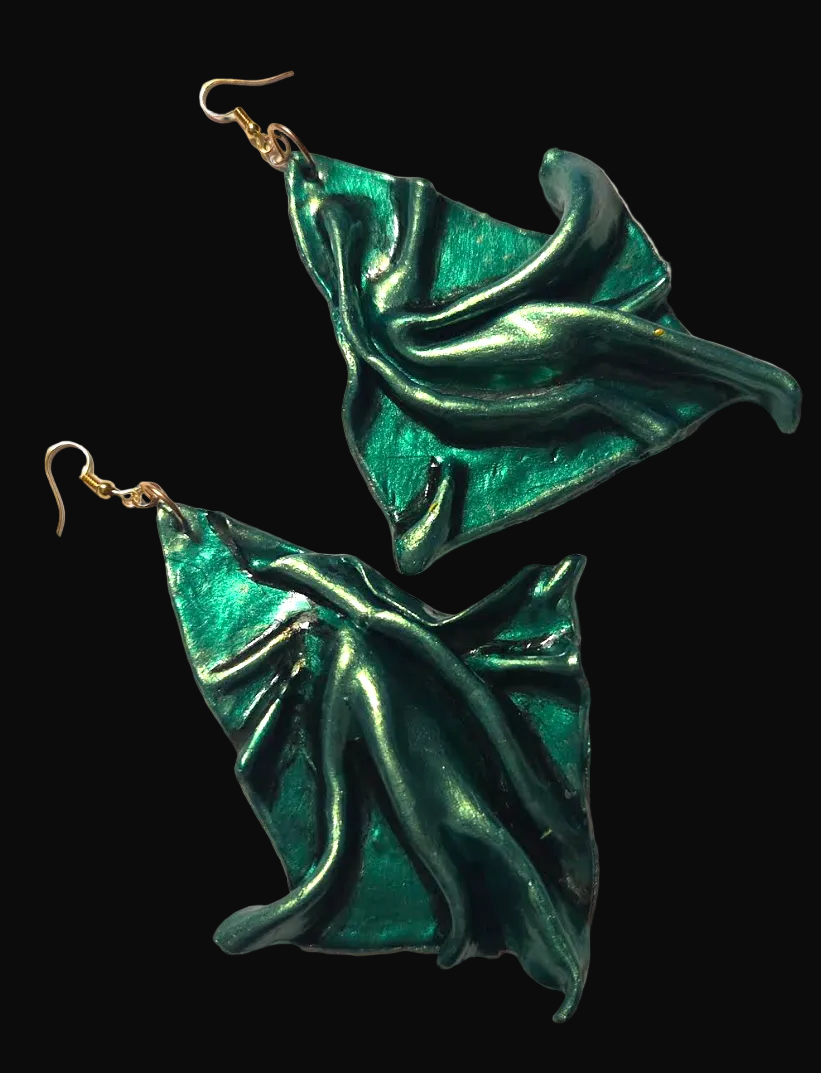 Metallic Emerald Green Sculpted Avant Garde Shoulder Duster Earrings