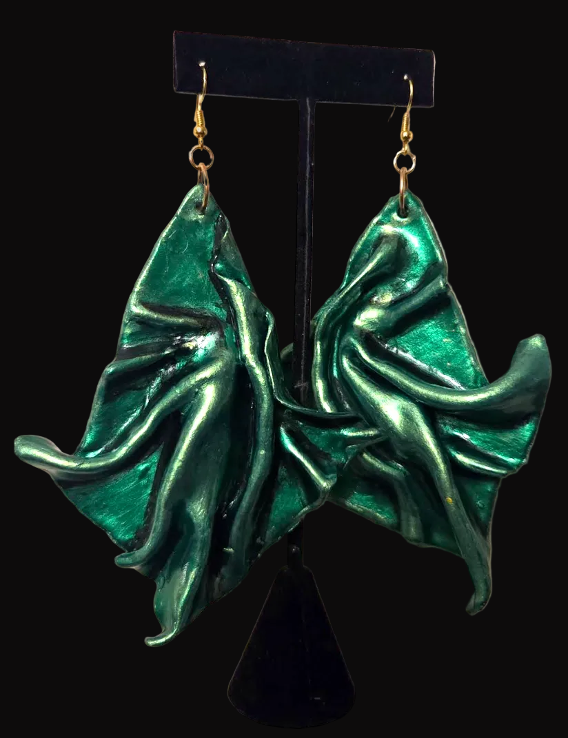 Metallic Emerald Green Sculpted Avant Garde Shoulder Duster Earrings