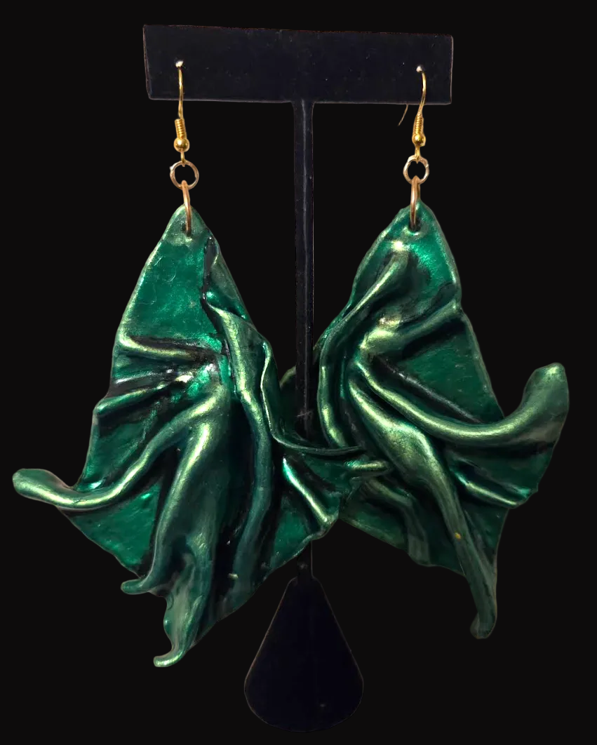 Metallic Emerald Green Sculpted Avant Garde Shoulder Duster Earrings