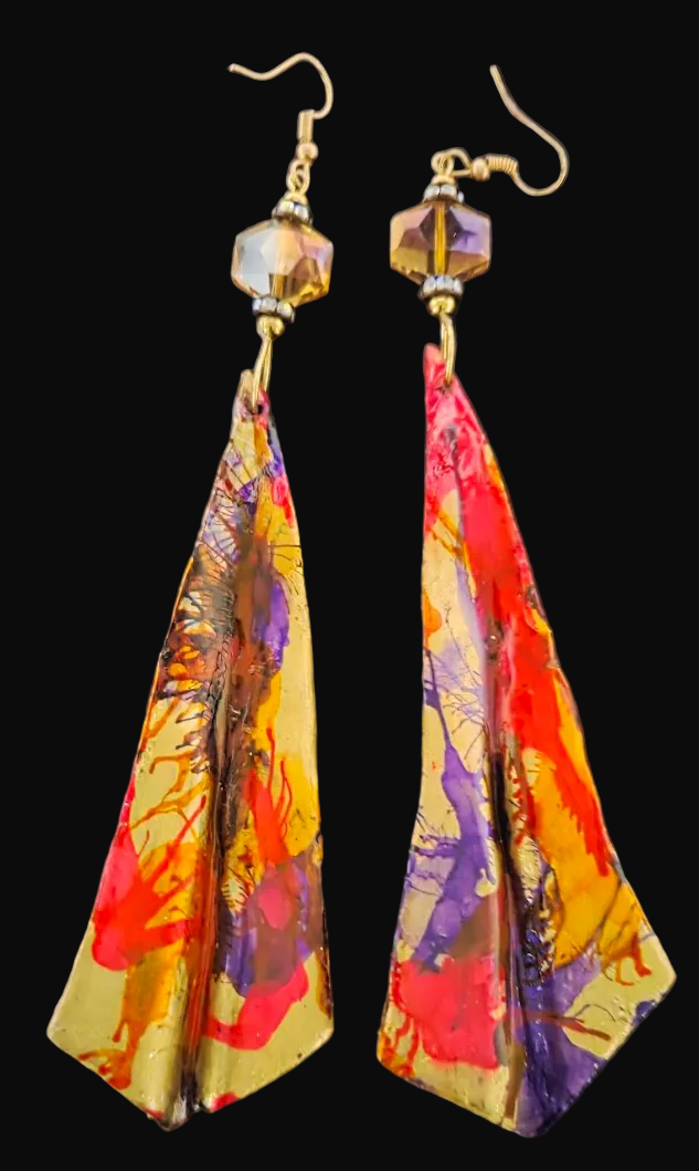 Sculpted Haute Couture Alcohol Ink Shoulder Duster Pierced Earrings