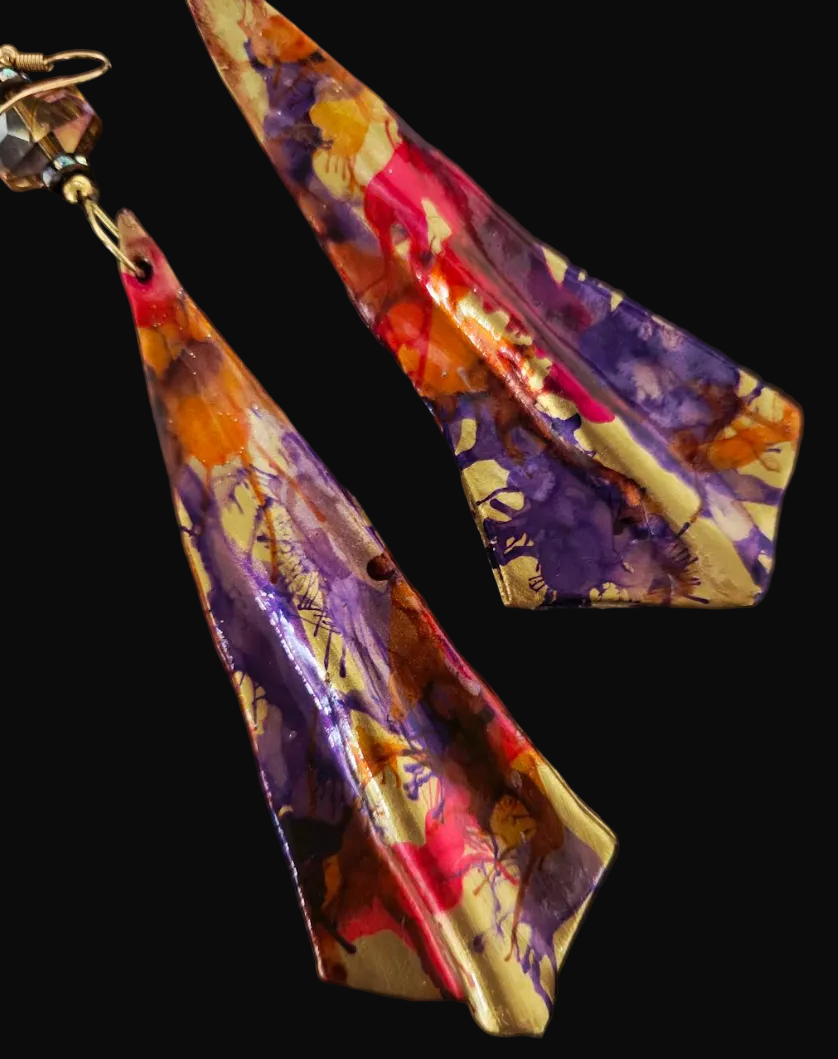 Sculpted Haute Couture Alcohol Ink Shoulder Duster Pierced Earrings