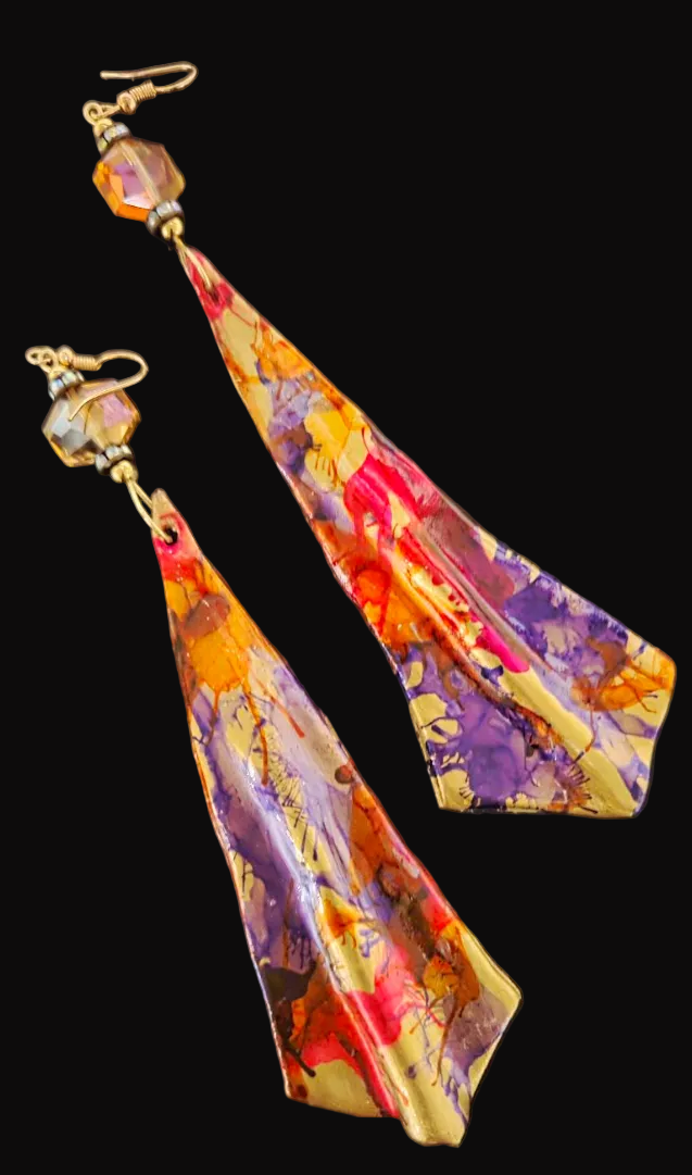 Sculpted Haute Couture Alcohol Ink Shoulder Duster Pierced Earrings