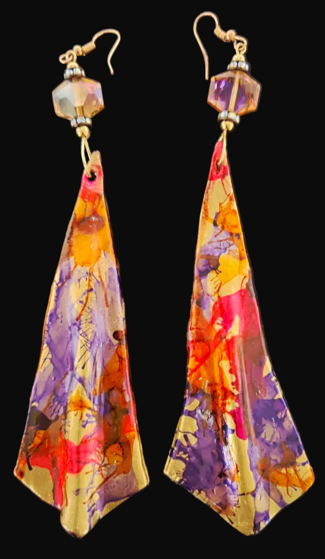 Sculpted Haute Couture Alcohol Ink Shoulder Duster Pierced Earrings