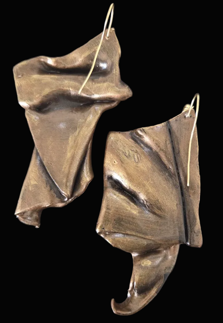 Faux Bronze Metal Hand Sculpted Avant Garde Shoulder Duster Earrings