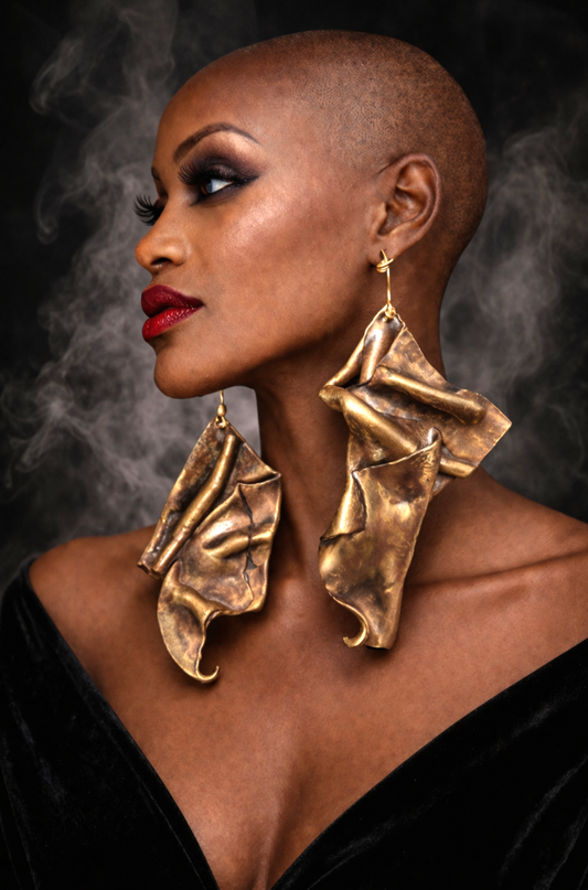 Faux Bronze Metal Hand Sculpted Avant Garde Shoulder Duster Earrings