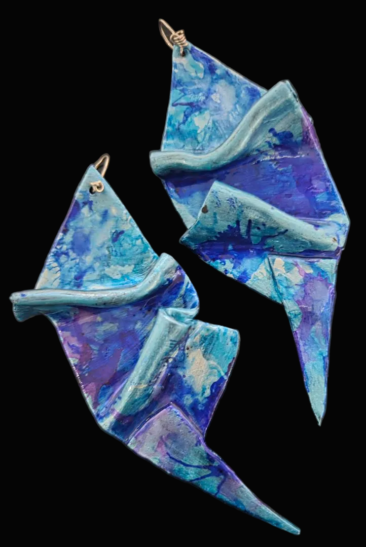 Blue Alcohol Ink Sculpted Geometric Oversized Pierced Earrings ~ Bold