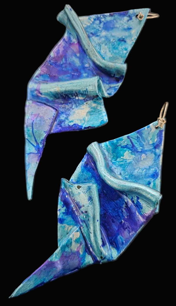 Blue Alcohol Ink Sculpted Geometric Oversized Pierced Earrings ~ Bold
